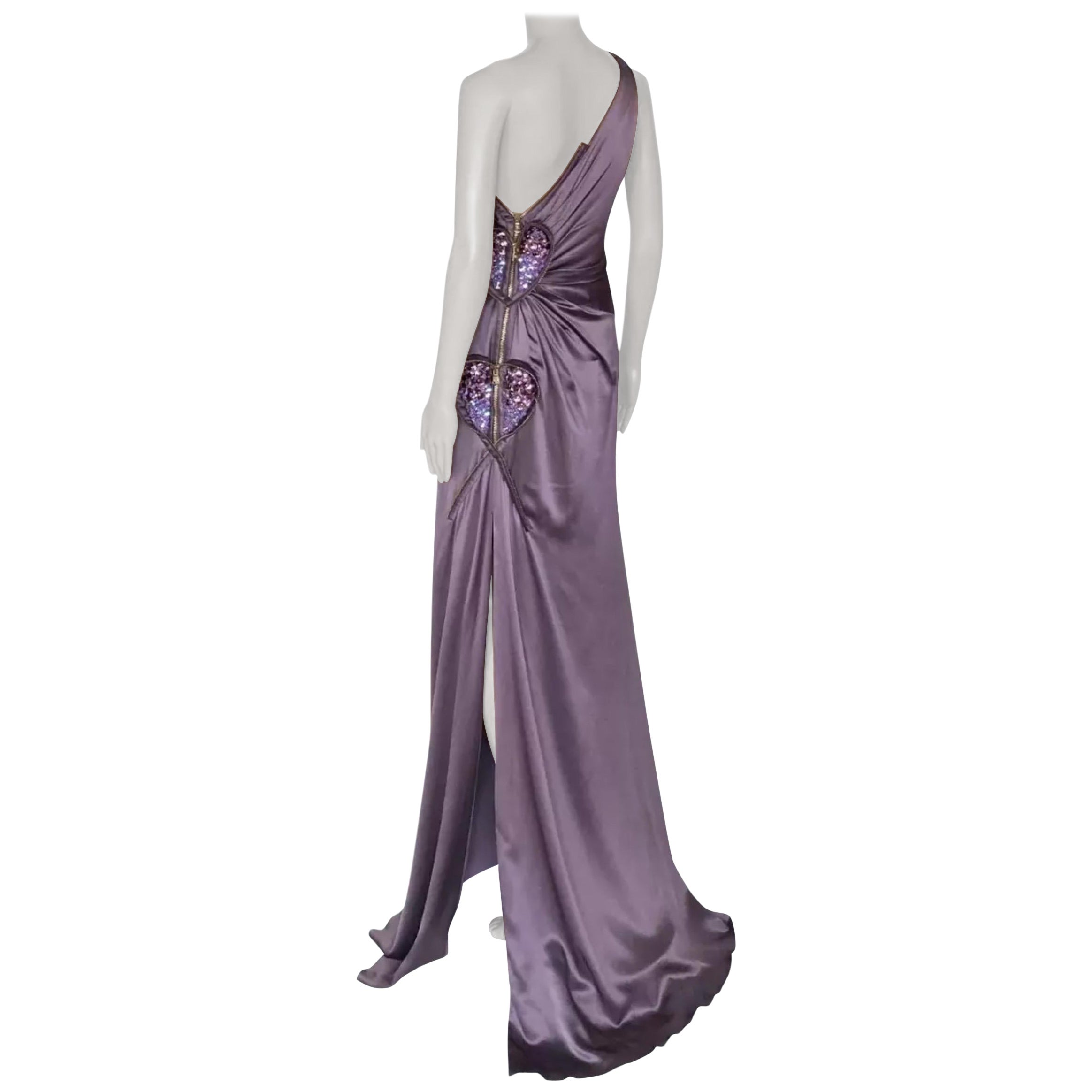 2009 Vintage Versace Abito lungo monospalla viola con cuori 46 - US 10