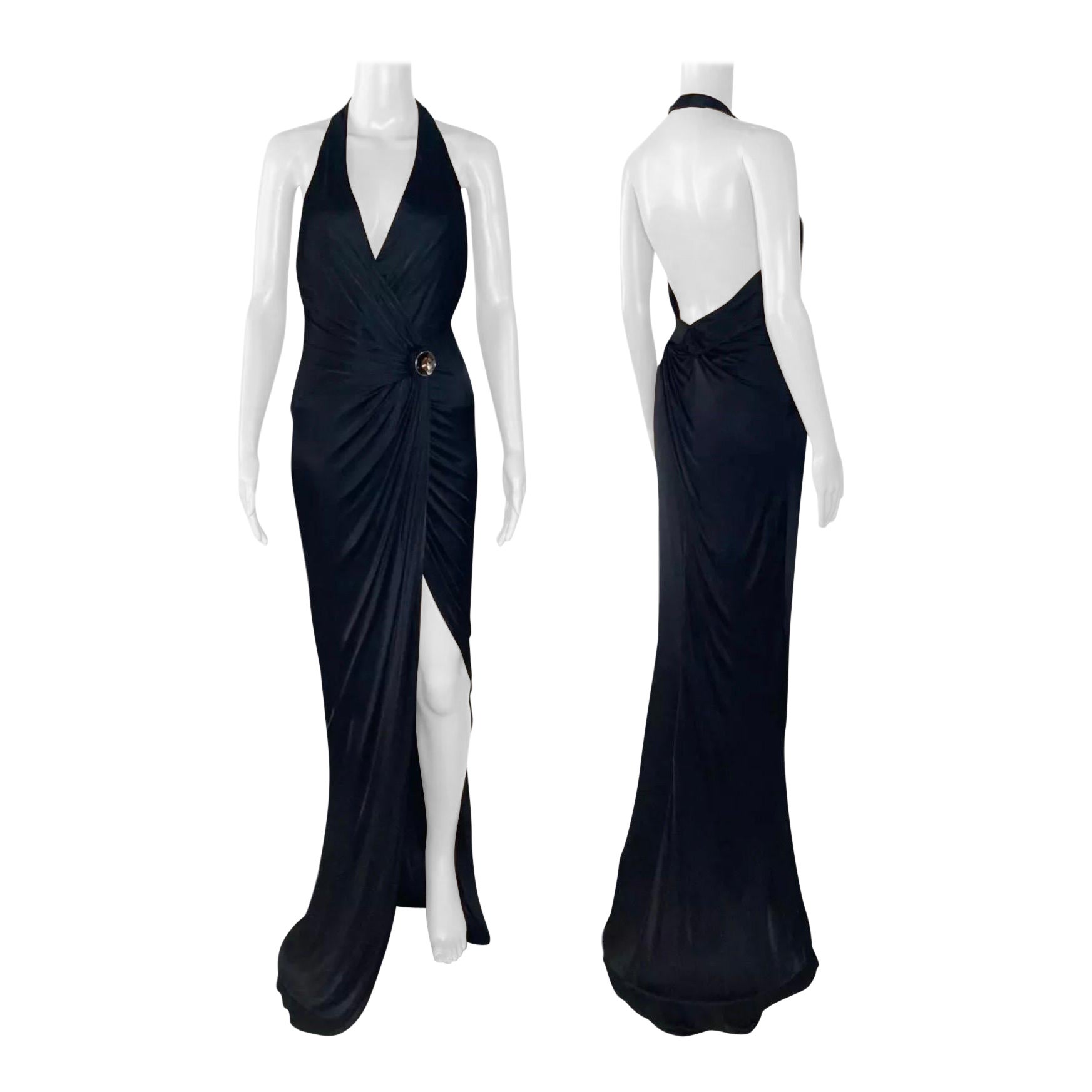 Vintage Versace Black Long Gown Wrap Dress with Open Back 42 - 6 For Sale