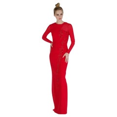 New Versace Red Silk Embellished Gown with Long Sleeves 38 - 2