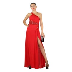 Versace Red Silk Evening Long Gown Dress w/Patent Leather Detail 38 -2