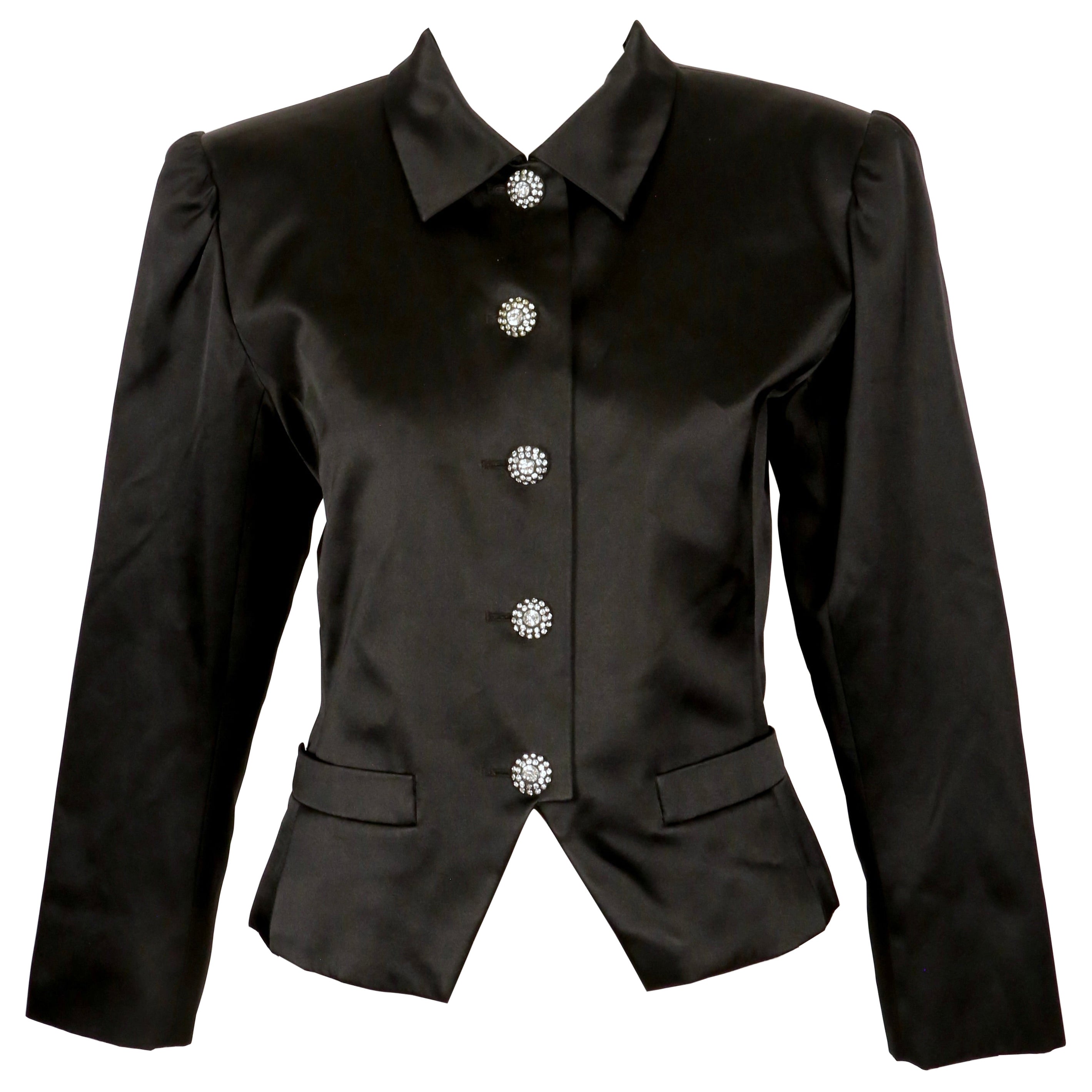 1980's SAINT LAURENT rive gauche black satin jacket with rhinestones For Sale