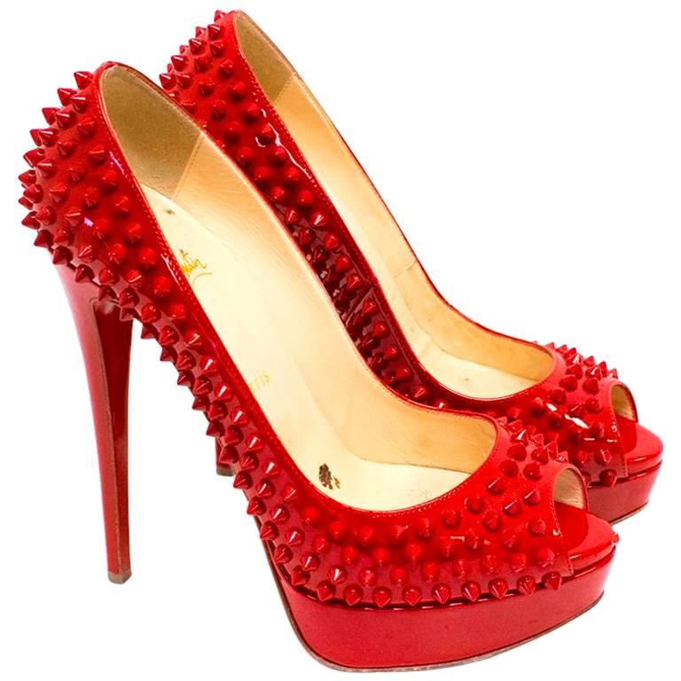 Christian Louboutin Red Spiked Patent Leather Peep-Toe Pumps For Sale