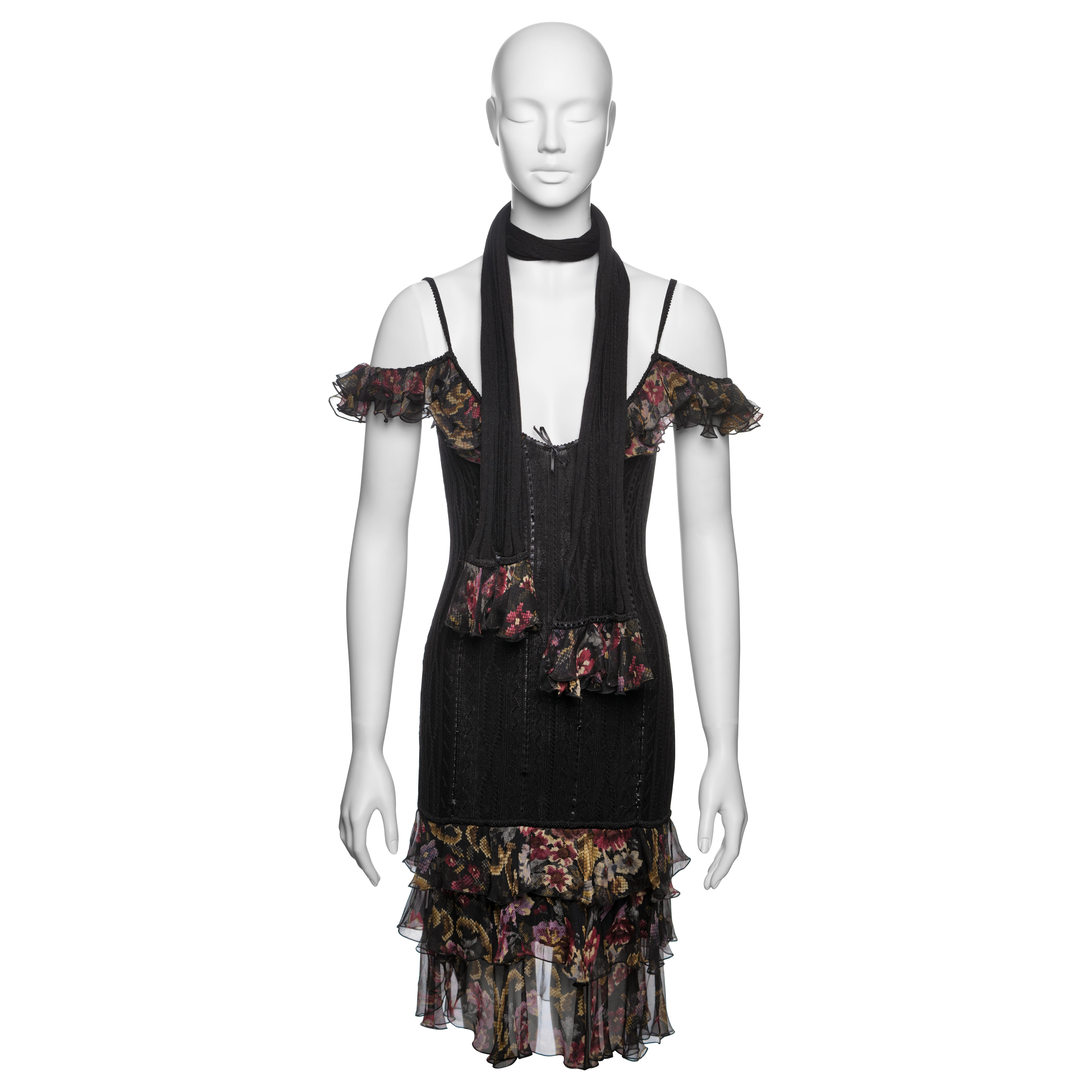 John Galliano Black Knit Dress with Floral Chiffon Ruffles and Scarf, FW 2004 For Sale