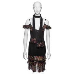 John Galliano Black Knit Dress with Floral Chiffon Ruffles and Scarf, FW 2004