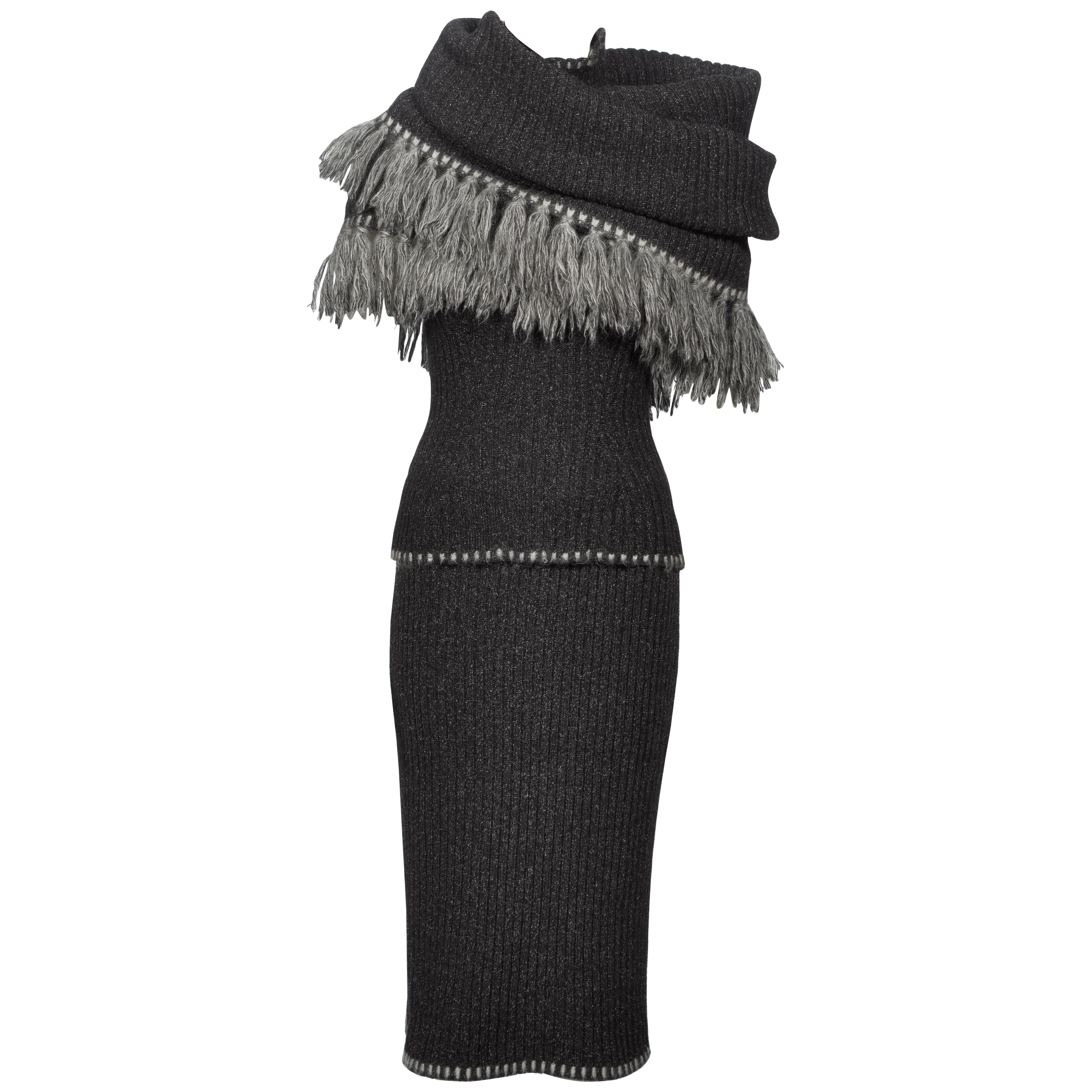 Christian Dior by John Galliano Grey Knit Ensemble with Fringe Scarf, FW 1999 For Sale