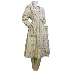 1980 Lillie Rubin White Leather Trench Coat w Gold Metallic Zebra Stripe Stencil
