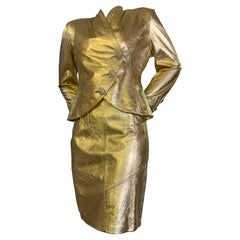 1980 The Lilly Rubin Gold Metallic Leather Tailored Skirt w Rhinestone Button