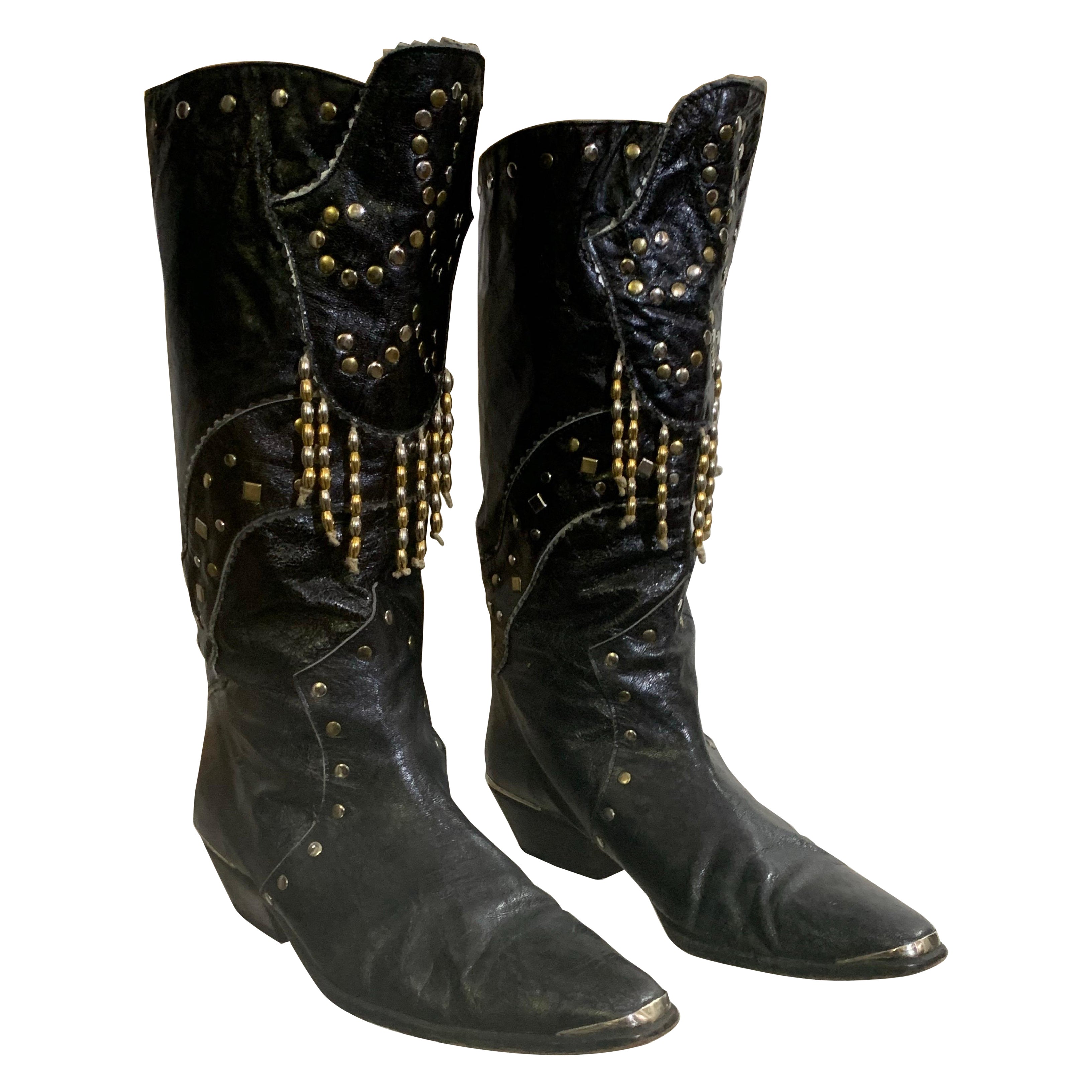 1980s Margaret Jerrold Black Leather Western Boots w Brass & Chrome Stud Fringe For Sale