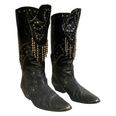 1980s Margaret Jerrold Black Leather Western Boots w Brass & Chrome Stud Fringe