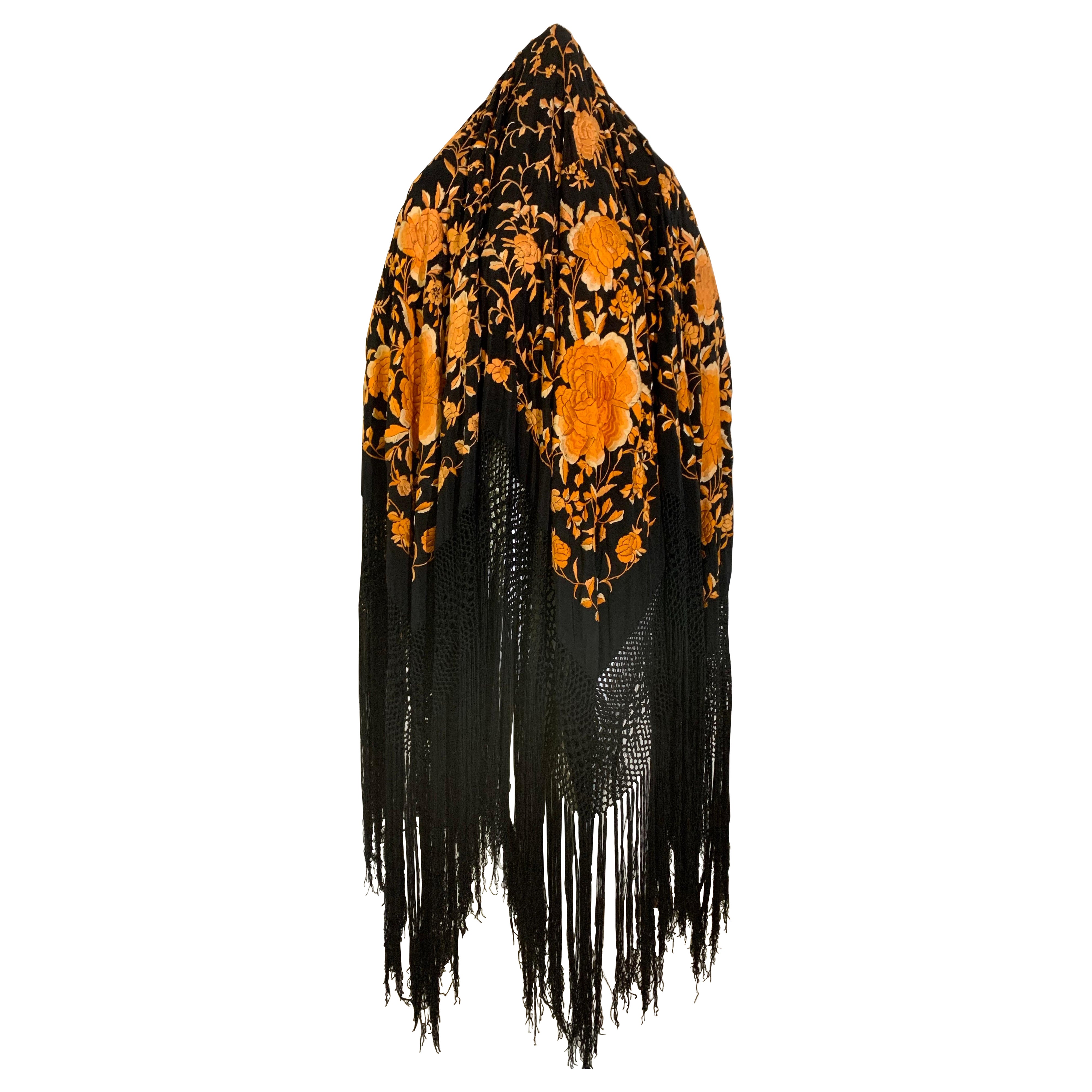 1930s Marigold Embroidered Black Silk Piano Shawl with Long Fringe All Around For Sale