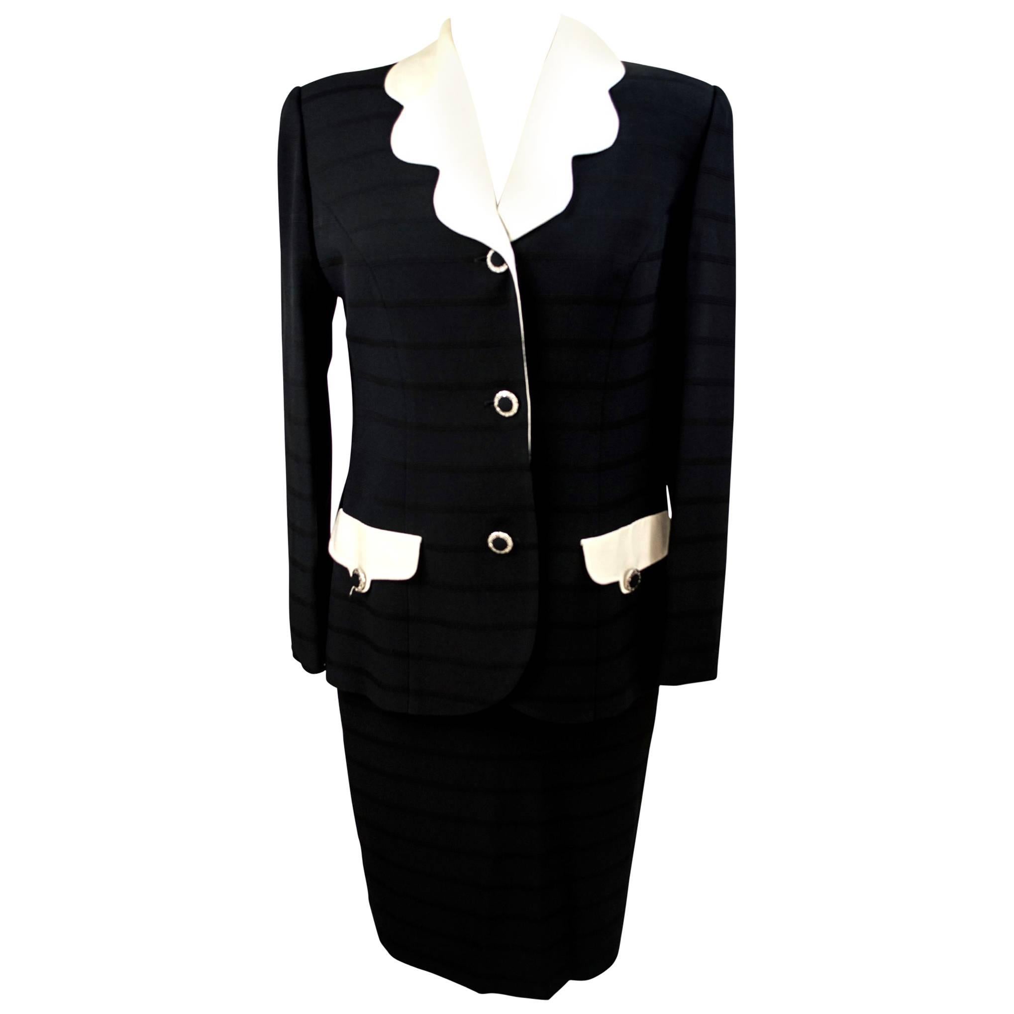 Egon Von Furstenberg 1980s set dress suit skirt jacket women's black wool sz 44 For Sale