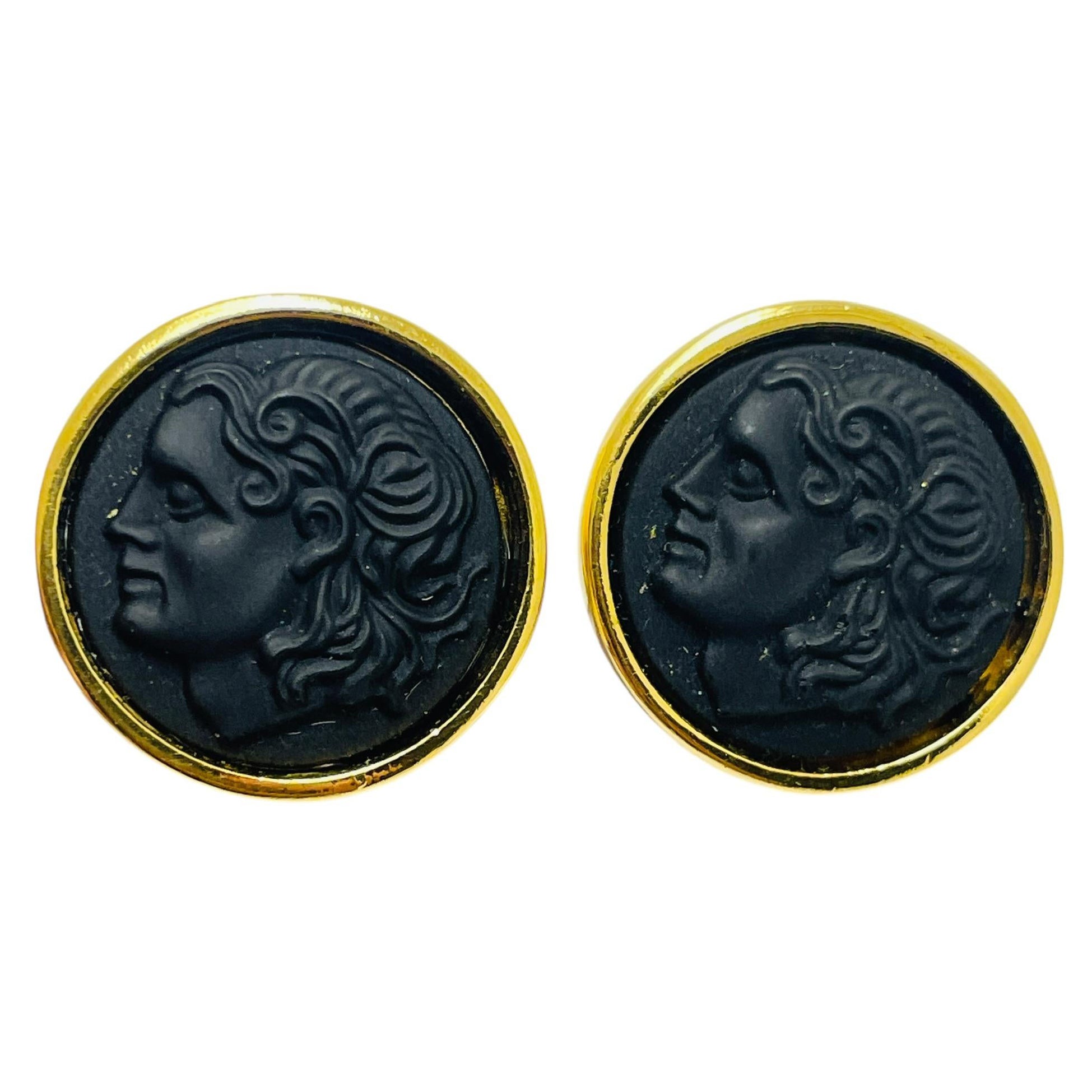 Vintage gold tone black molded glass Roman byzantine clip on earrings For Sale