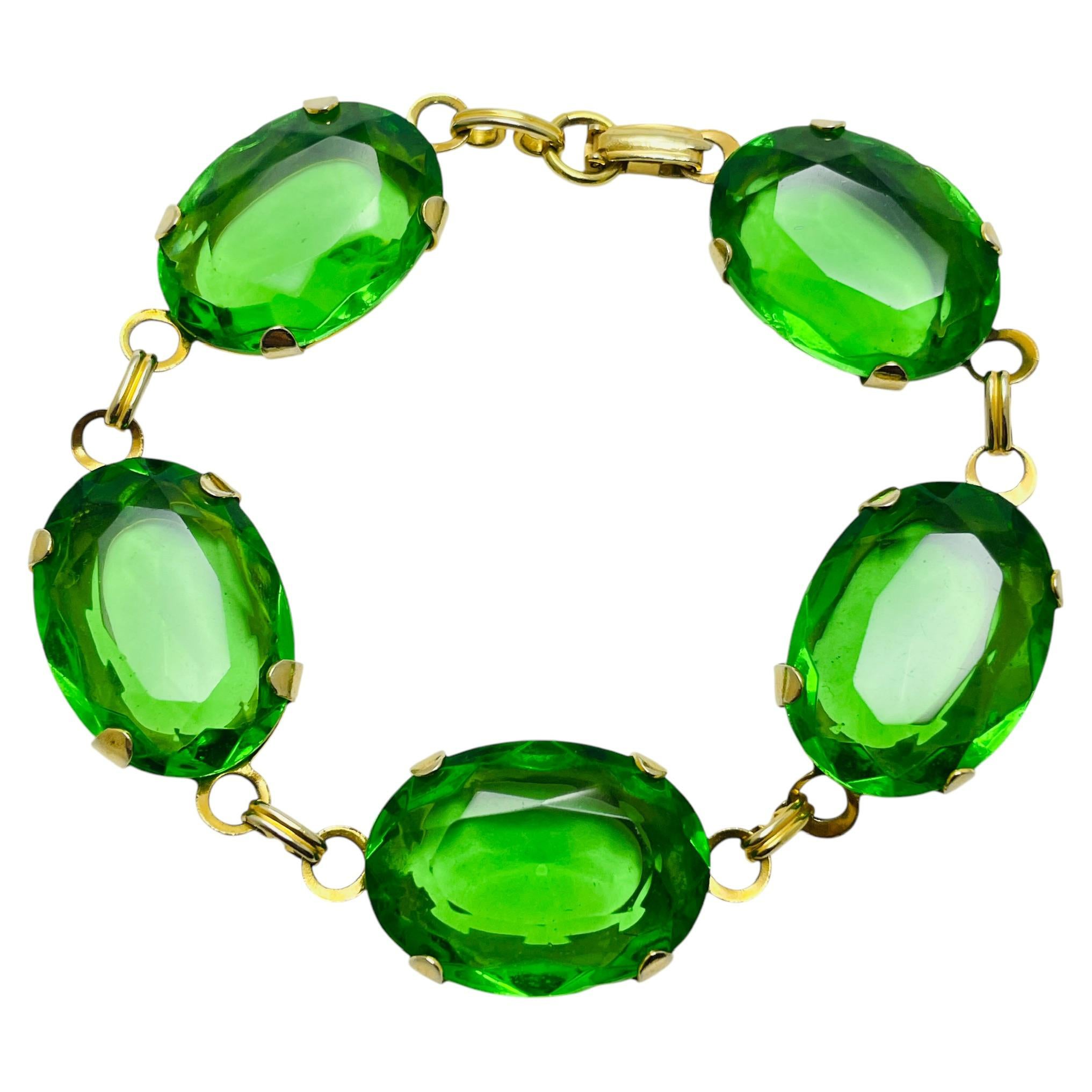 Pulsera de eslabones de diseño vintage de cristal verde chapado en oro
