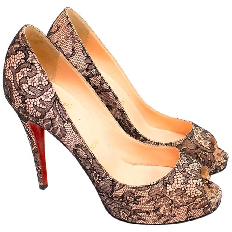Christian Louboutin Nude and Black Lace Pumps For Sale