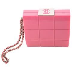 Chanel Pink Lucite Minaudiere With Chain & Woven Leather Wristlet