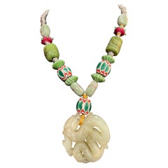 LB offers Chinese Jade Carved Dragon pendant Venetian glass Agate Necklace