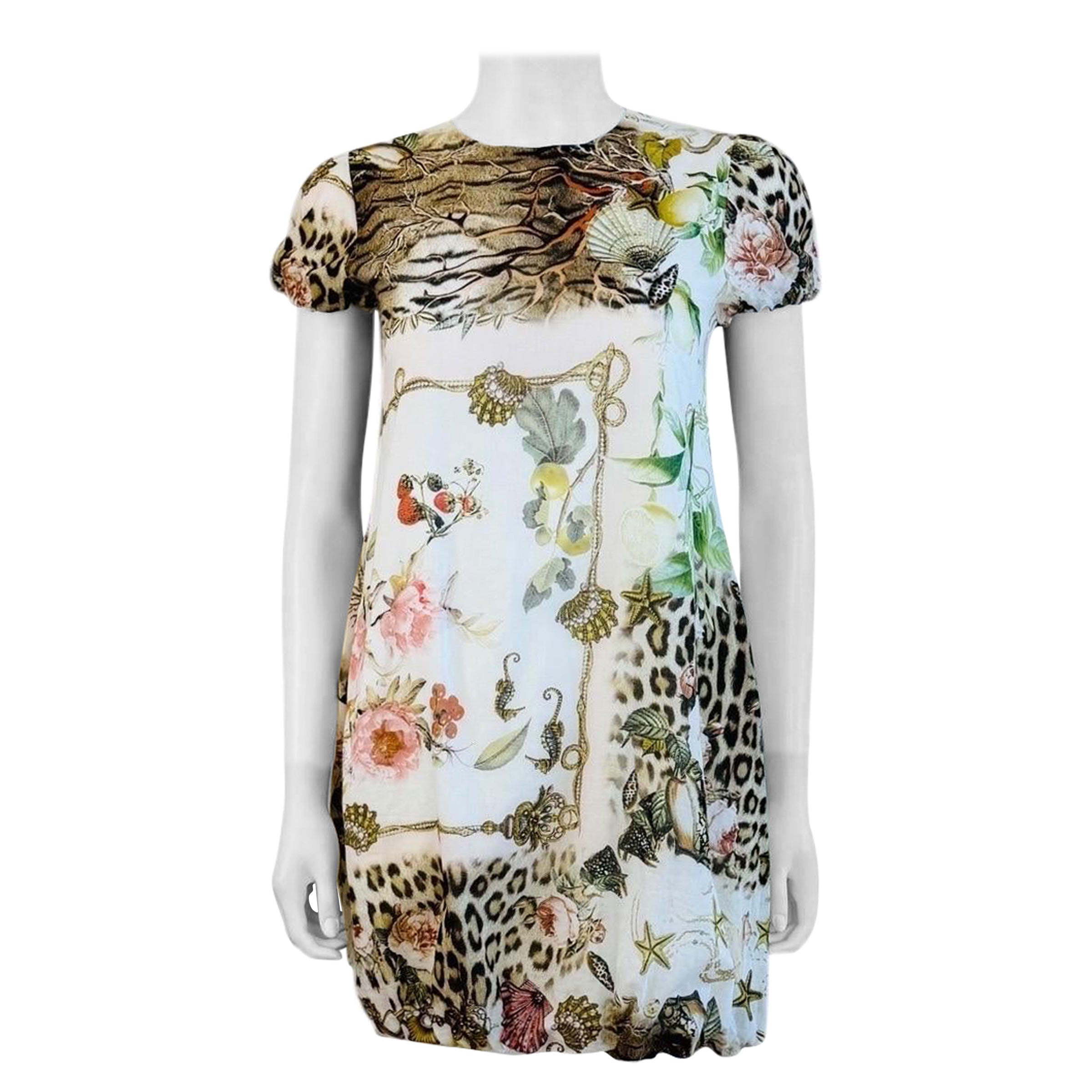Vintage 2005 Roberto Cavalli Seashell Leopard Coral Babydoll Bubble Mini Dress