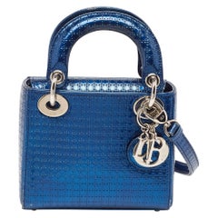 Dior Metallic Blue Microcannage Patent Leather Mini Lady Dior Tote