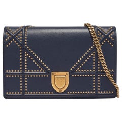 Dior Navy Blue Leather Studded Diorama Wallet on Chain