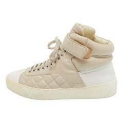 Chanel White/Pink Quilted Leather CC High Top Sneakers Size 35
