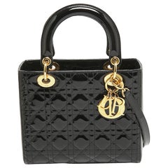 Dior Black Cannage Patent Leather Medium Lady Dior Tote