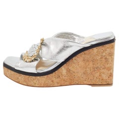 Jimmy Choo Silver Leather Nevara Wedge Sandals Size 36.5