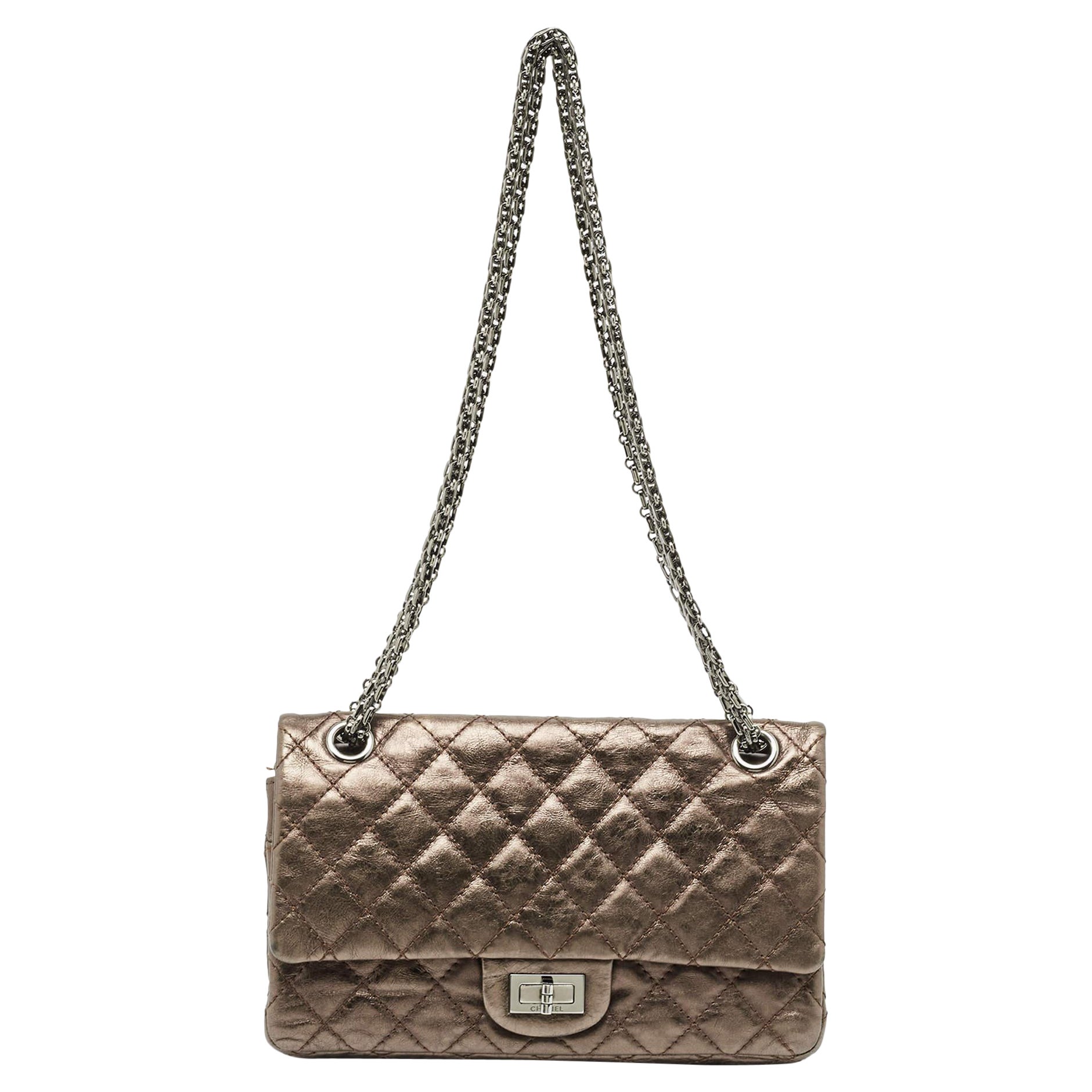Chanel Metallic Quilted Aged Leather Reissue 2.55 Classic 225 Flap Bag For Sale