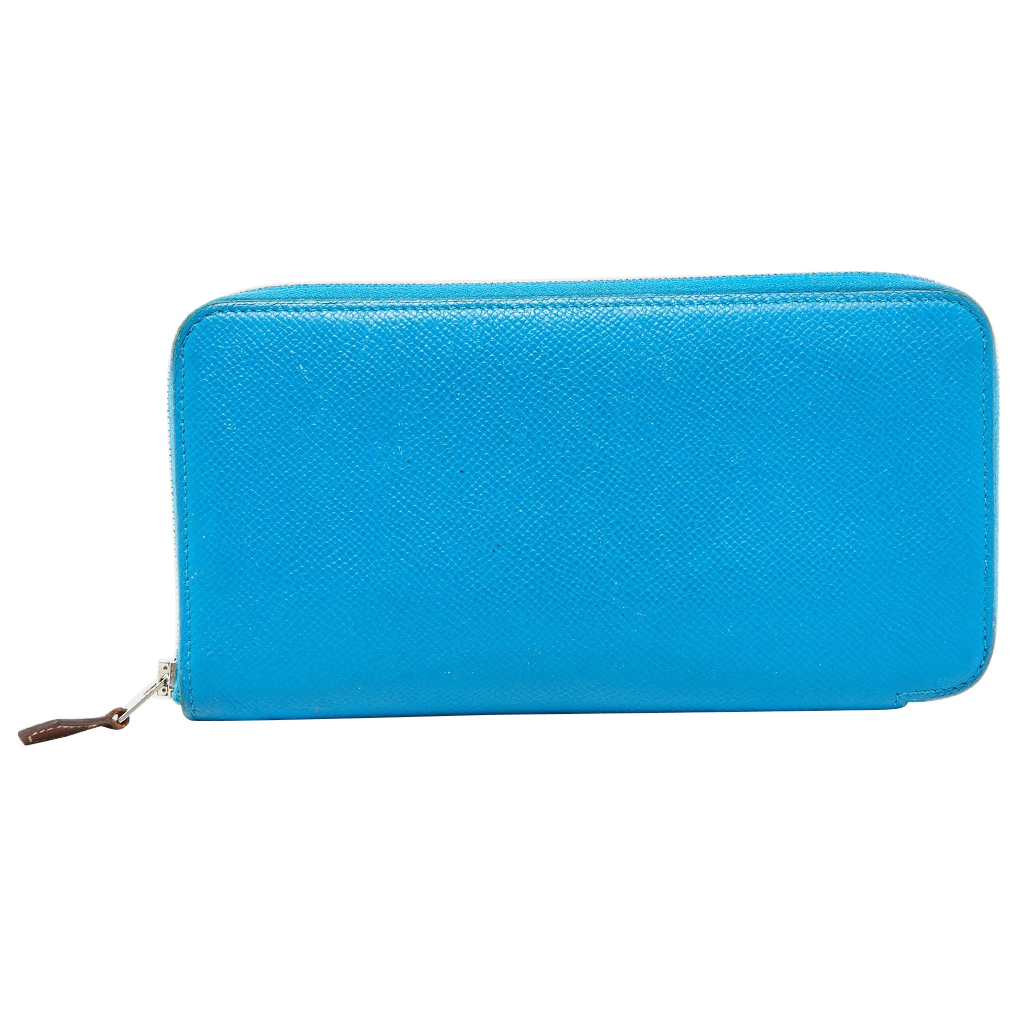 Hermes Blue Izmir Epsom Leather Silk'In Classique Long Wallet For Sale