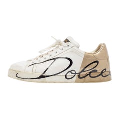 Dolce & Gabbana White/Gold Leather Portofino Lace Up Sneakers Size 42
