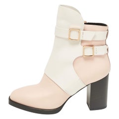 Used Tod's Pink/White Leather Block Heel Ankle Length Boots Size 38.5