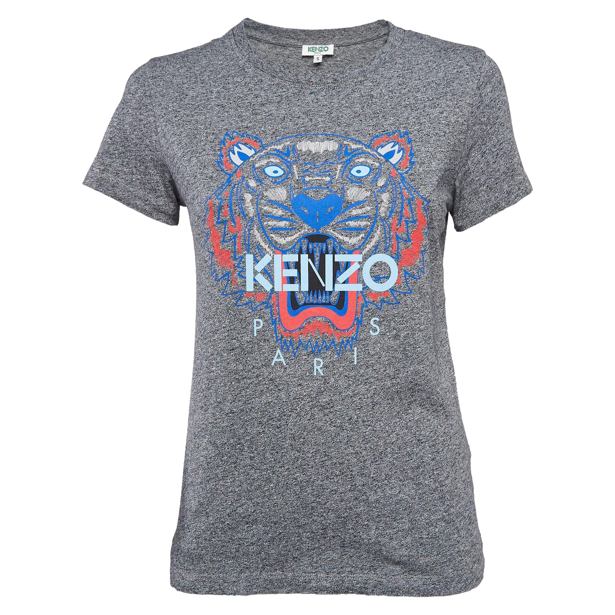 Kenzo Grey Lion Print Melange Knit T-Shirt S For Sale