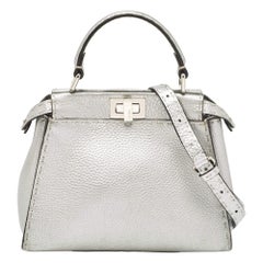 Fendi Silver Selleria Leather Mini Peekaboo Top Handle Bag