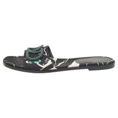 Valentino Black Printed Canvas Crystal Embellished V Logo Flat Slides Size 38