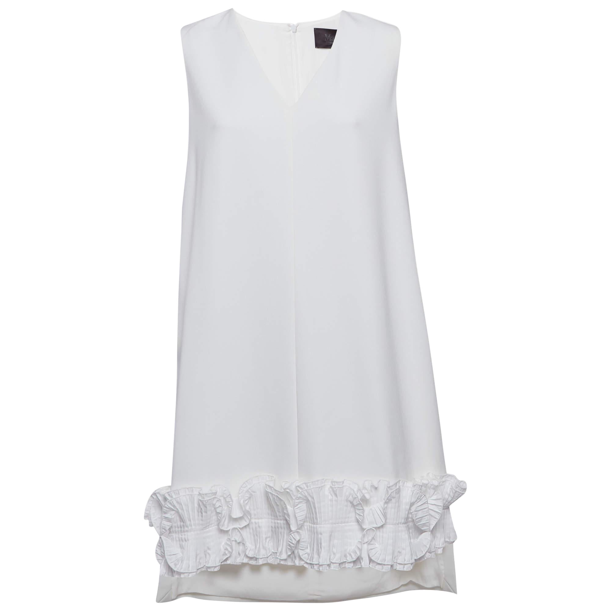 Max Mara White Crepe Ruffled Hem Sleeveless Tunic Top L For Sale