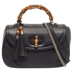 Gucci Black Leather Large New Bamboo Tassel Top Handle Bag