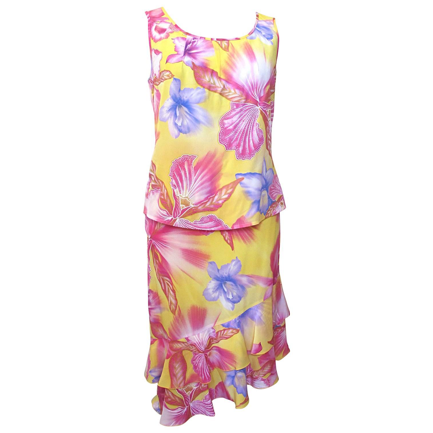 Escada Yellow Pink Blue Silk Tropical Floral Printed Silk Skirt and Blouse Set For Sale