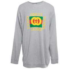 Gucci Grey Logo Print Cotton Knit Tiger Applique Oversized Sweatshirt XXXL