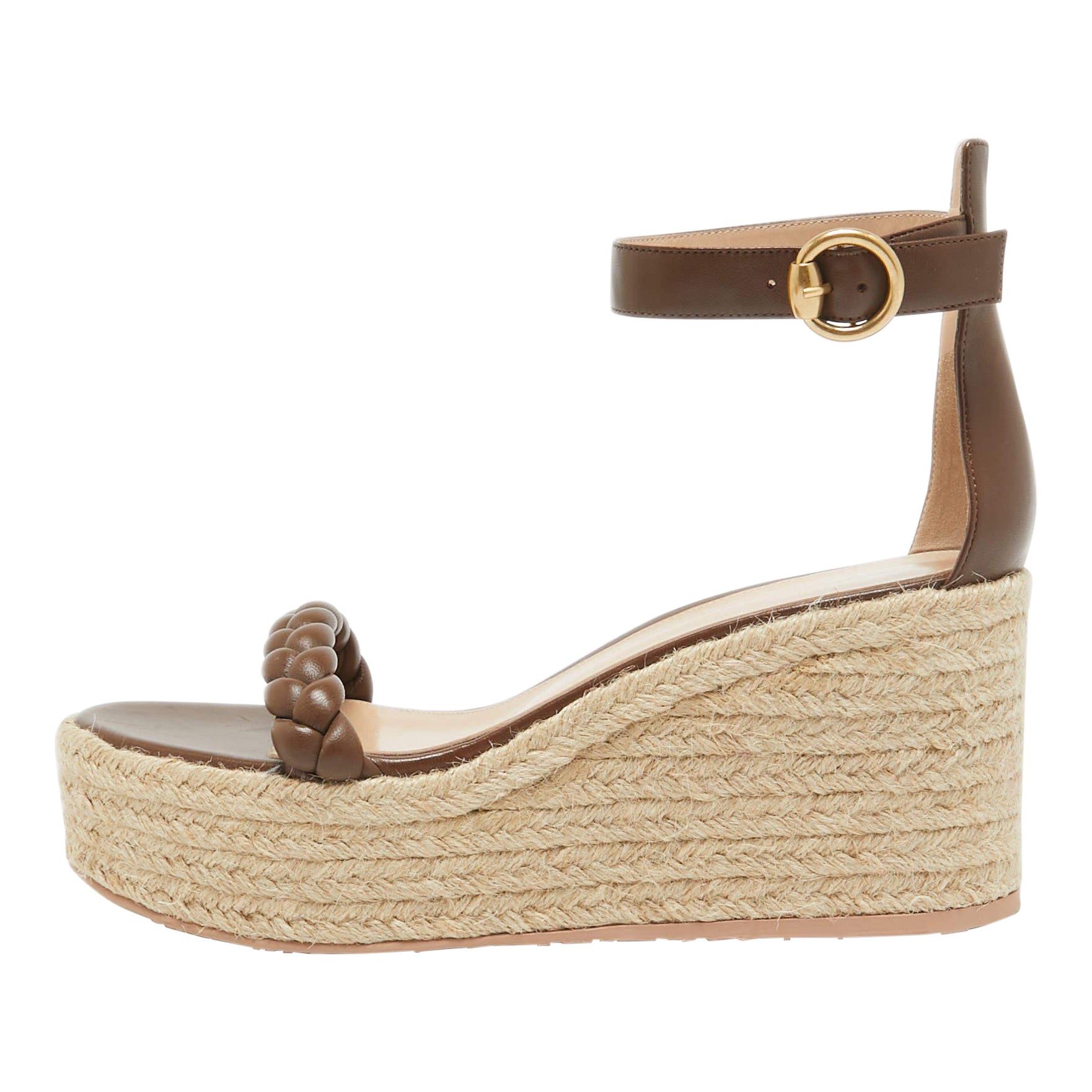 Gianvito Rossi Brown Braided Leather Merida Espadrille Wedge Sandals Size 40.5 For Sale