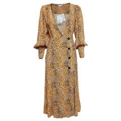 Ganni Yellow Leopard Print Crepe Buttoned Midi Dress S