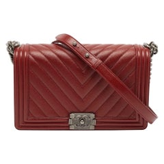 Chanel Dark Red Chevron Leather New Medium Boy Bag