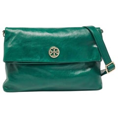 Tory Burch Green Leather Dena Fold Over Crossbody Bag