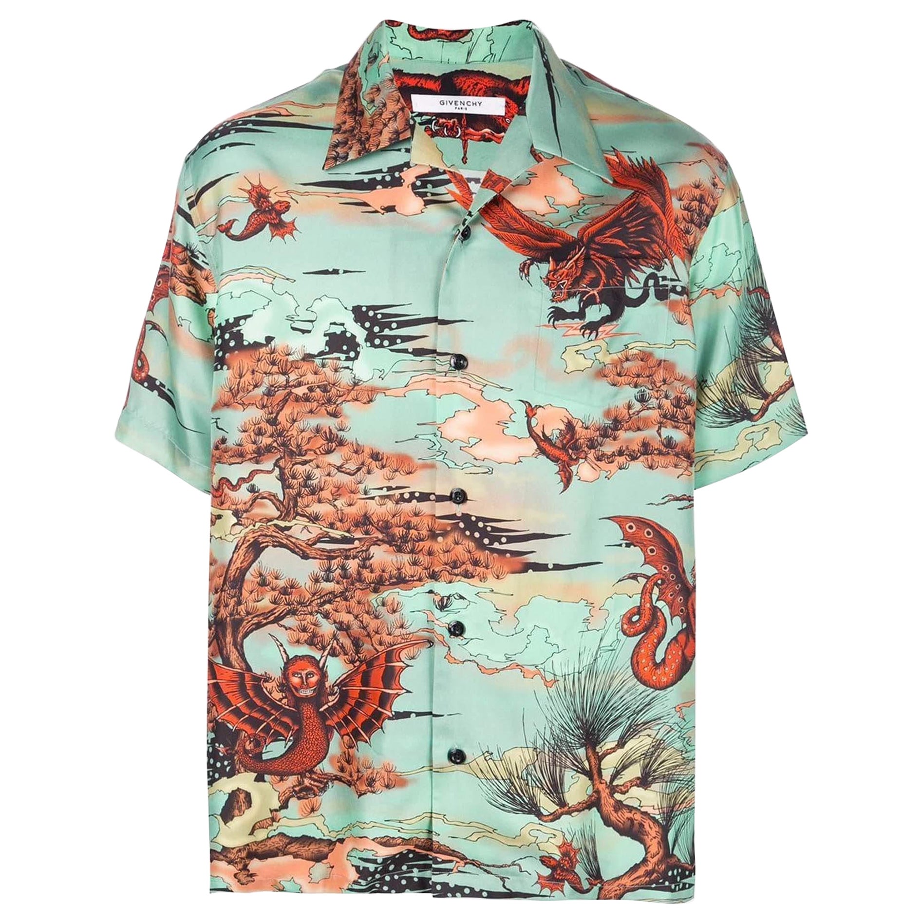 Givenchy Green Printed Silk Short Sleeve Shirt XXL For Sale
