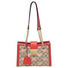 Gucci Red/Beige GG Supreme Canvas Apple Print Small Padlock Shoulder Bag