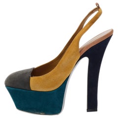 Yves Saint Laurent Yellow/Grey Suede Platform Slingback Pumps Size 37.5