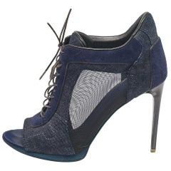 Burberry Navy Blue Denim and Suede Open Toe Booties Size 38