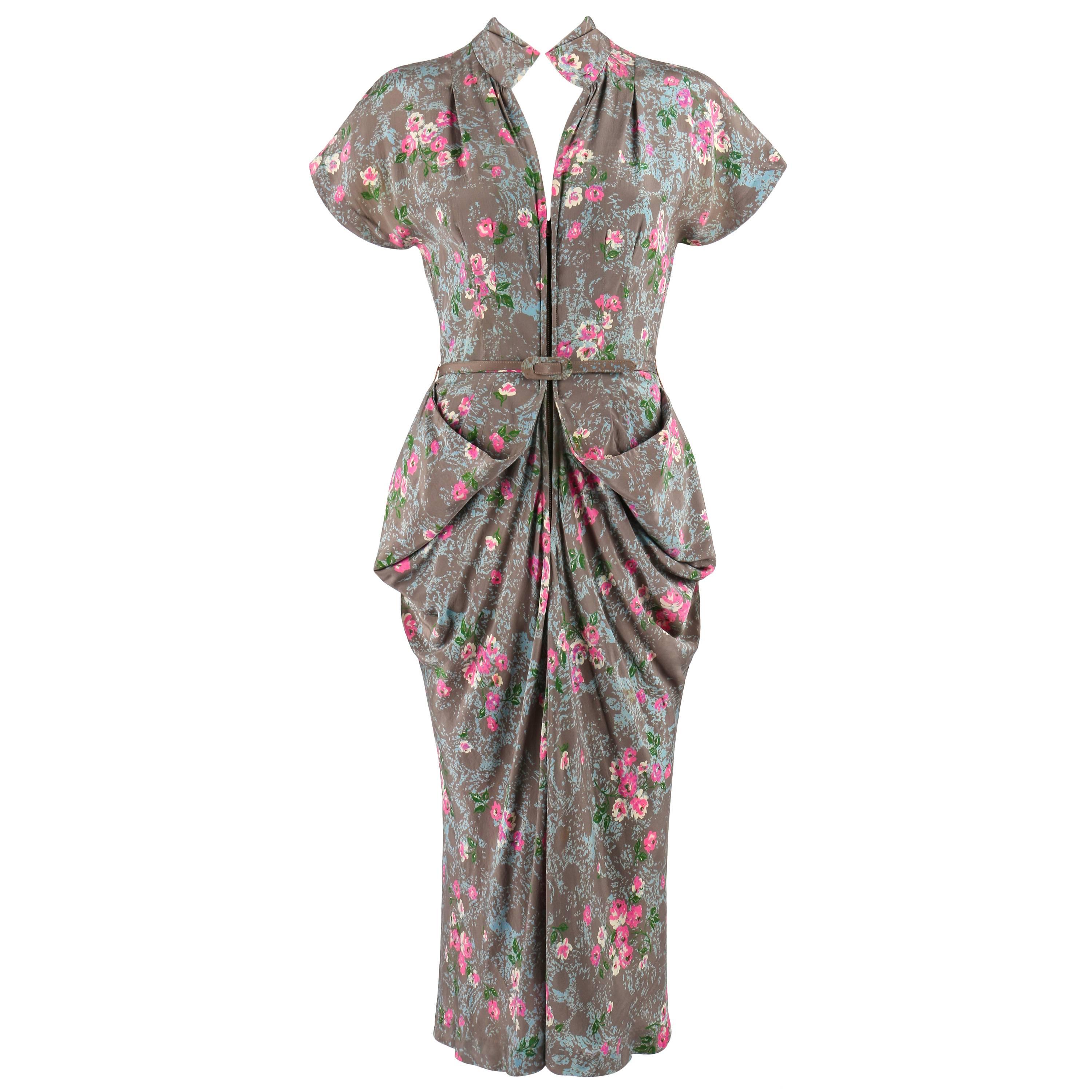 COUTURE c.1940's Gray Floral Print Silk Belted Front Bustle Draped Day Dress For Sale