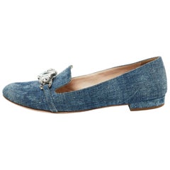 Miu Miu Blue Denim Crystal Embellished Smoking Slippers Size 38