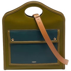 Burberry Juniper Green/Blue Leather Medium Pocket Tote