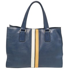 Tod's Navy Blue Leather Stripe Tote