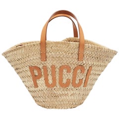 Emilio Pucci Bolso Cesta Pequeño con Logotipo de Rafia y Piel Tan/Natural